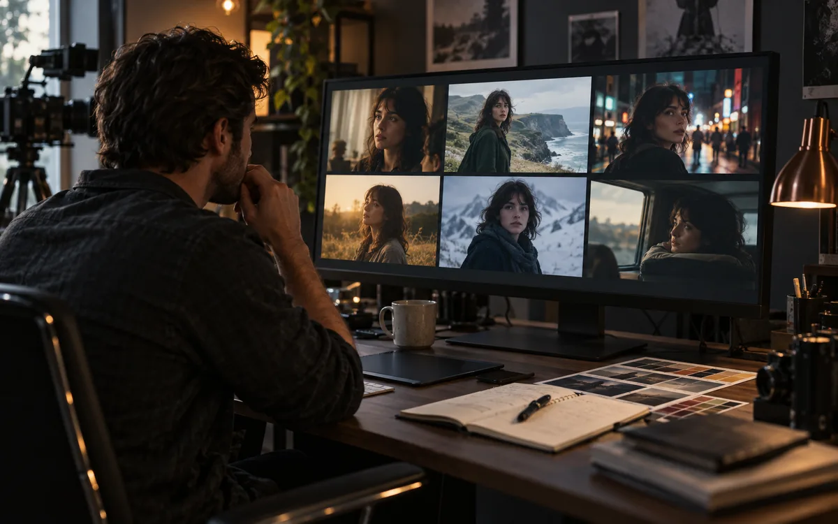 Generated editorial photograph: Filmmaker comparing alternate generated video shots on a studio monitor.