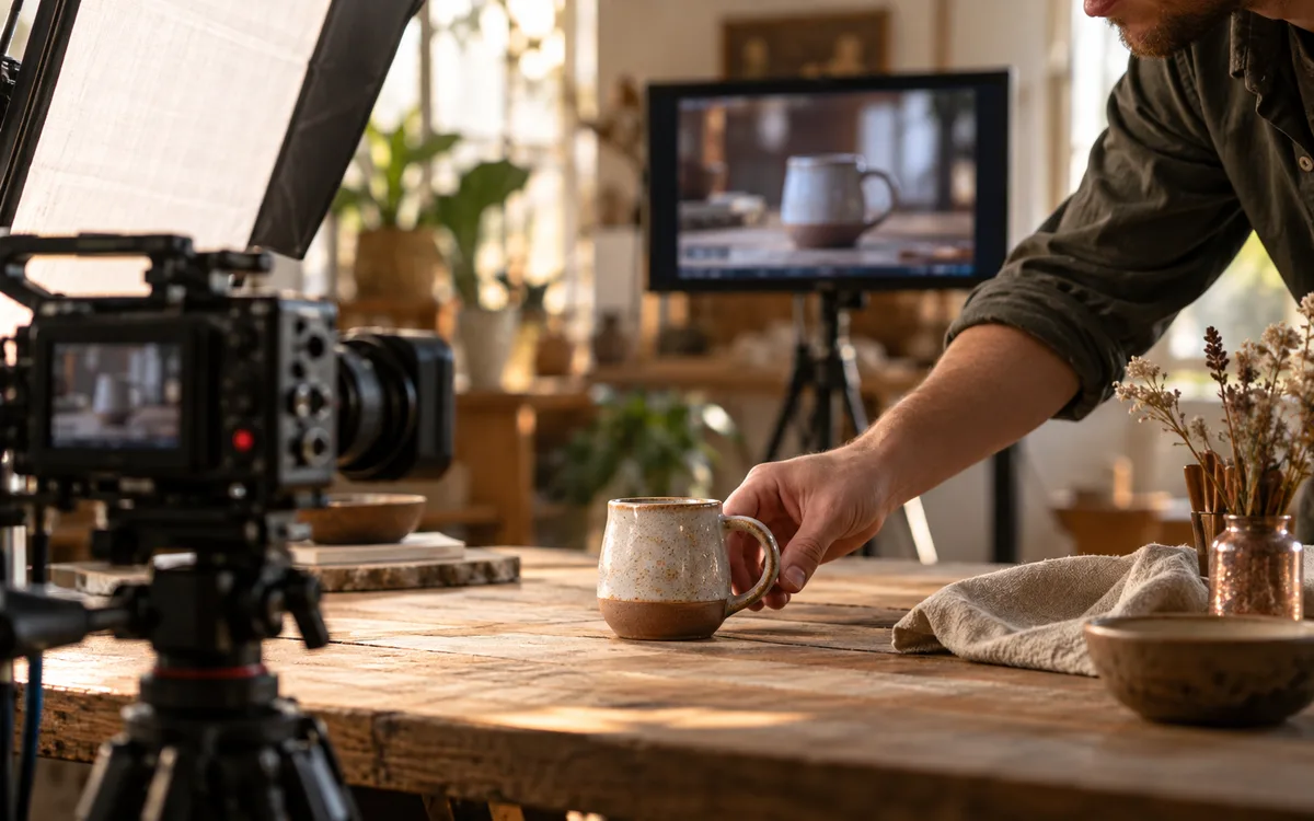 Generated editorial photograph: Filmmaker positioning a handmade ceramic mug for a close-up video shot.