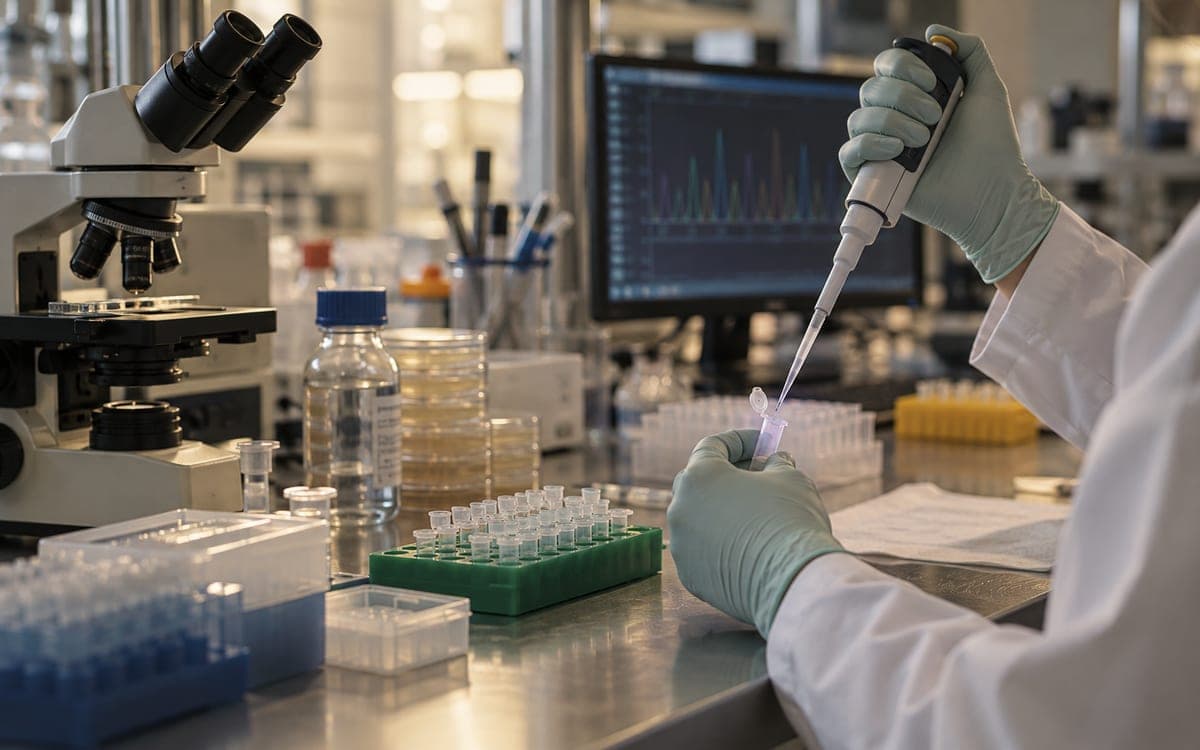 AI-generated editorial photograph of a researcher pipetting samples in a molecular biology lab; illustrative, not a photograph of Anthropic’s experiment.