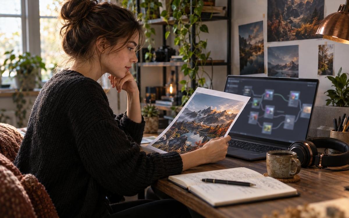 AI-generated editorial photograph of a beginner reviewing a ComfyUI text-to-image workflow on a laptop in a home studio.