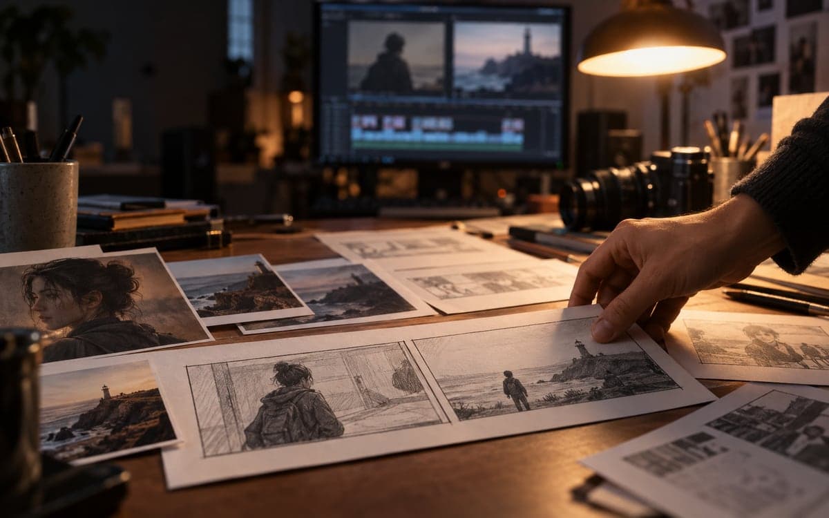 Generated editorial photograph: Storyboard sheets and a filmmaker reviewing continuity between video shots.