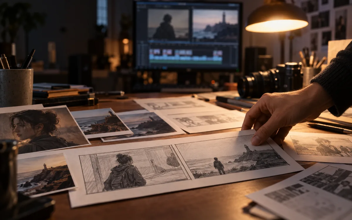 Generated editorial photograph: Storyboard sheets and a filmmaker reviewing continuity between video shots.