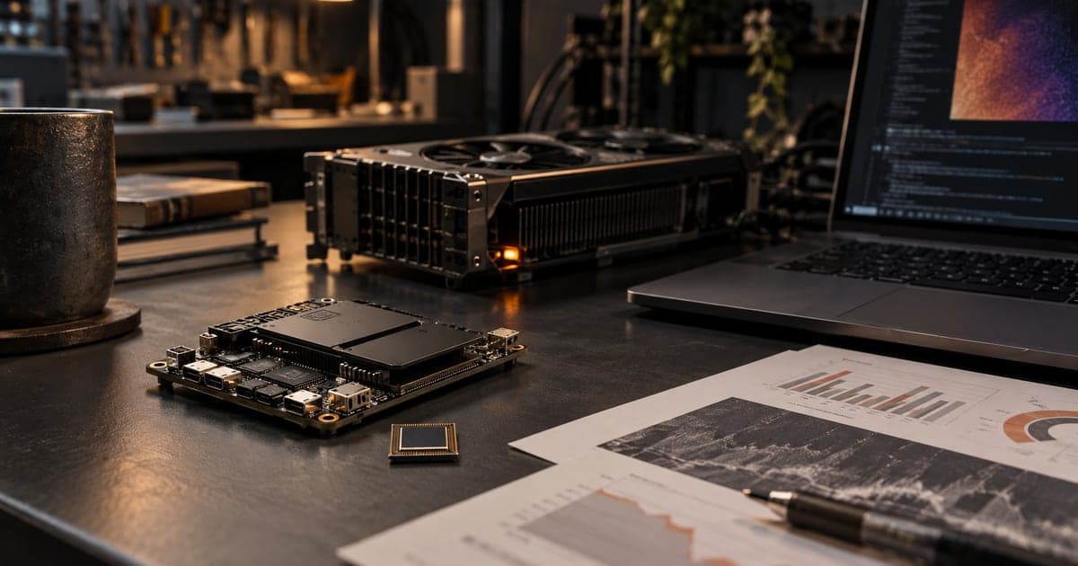 AI-generated editorial photograph of a tiny edge-computing board and desktop GPU beside a laptop, illustrating local AI models and hardware costs.