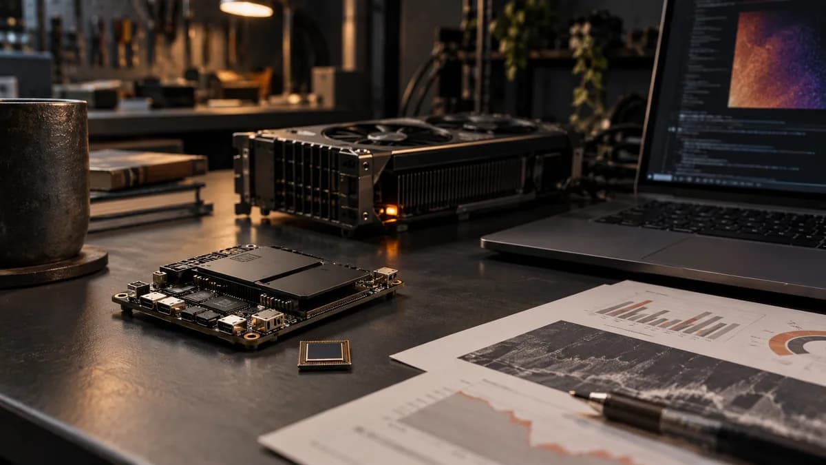 AI-generated editorial photograph of a tiny edge-computing board and desktop GPU beside a laptop, illustrating local AI models and hardware costs.