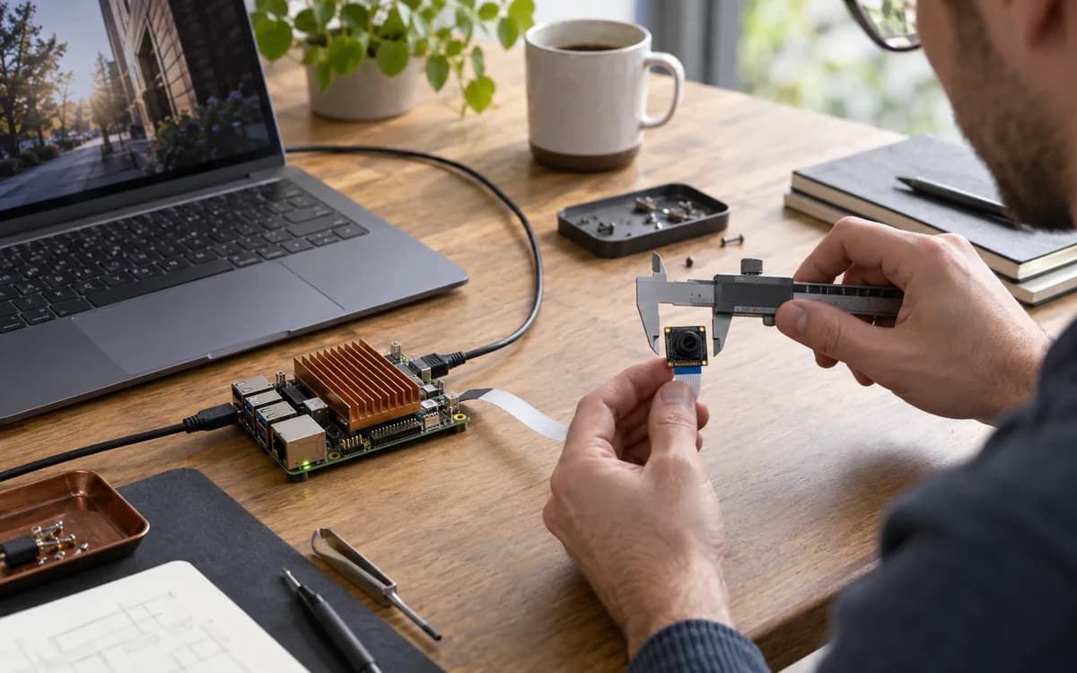 Generated editorial photograph: Engineer measuring a compact edge-computing board and camera sensor.