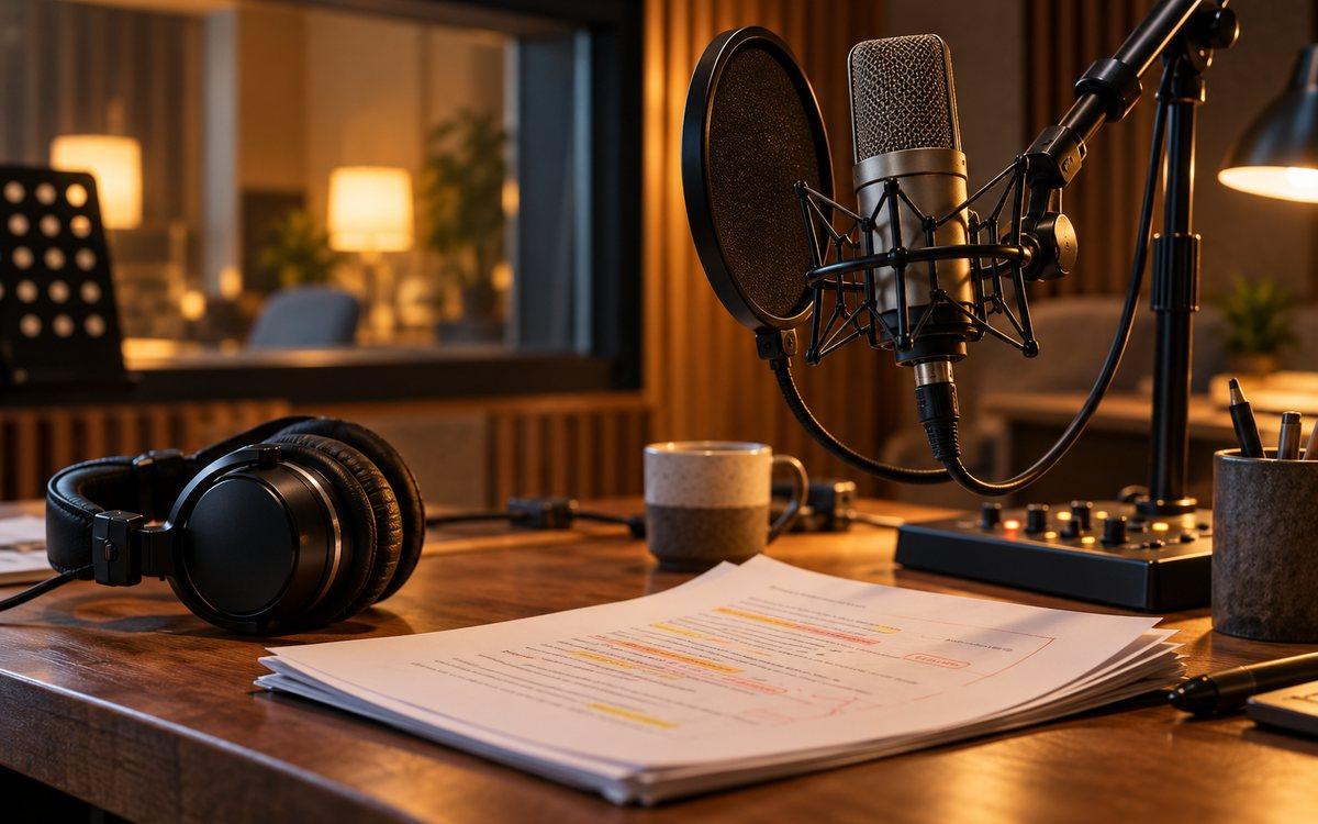AI-generated editorial illustration of a microphone, headphones and script in a recording studio.