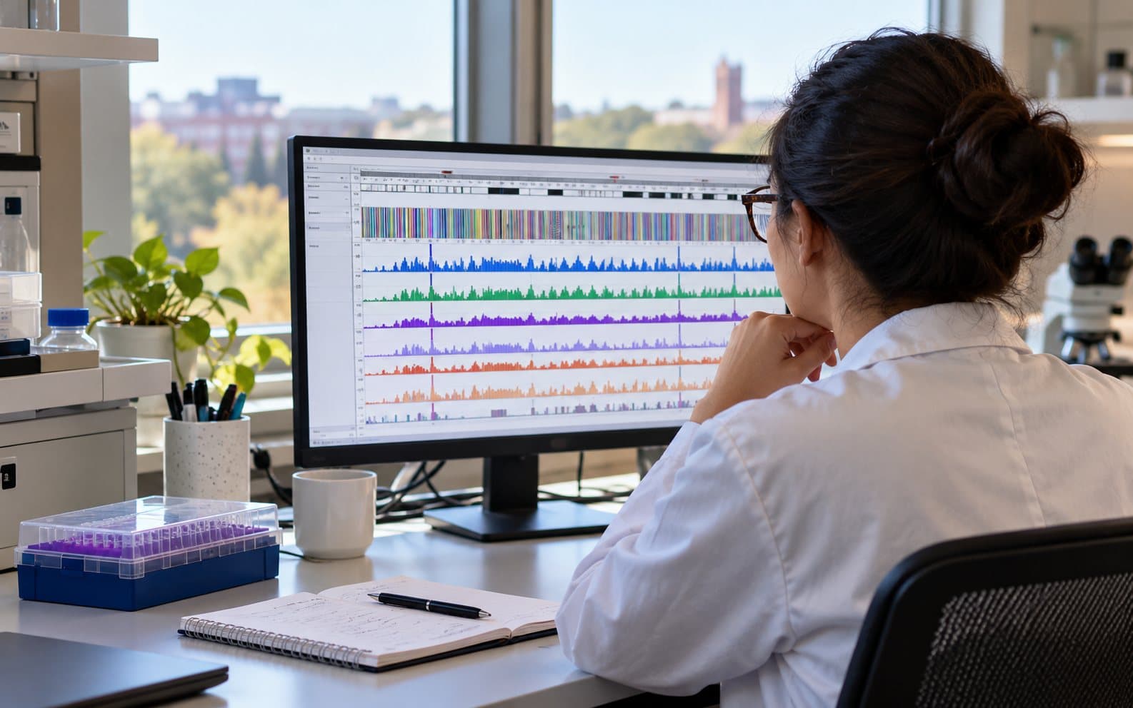 AI-generated editorial photograph of a researcher viewing colored data tracks on a monitor beside a sample rack and notebook.
