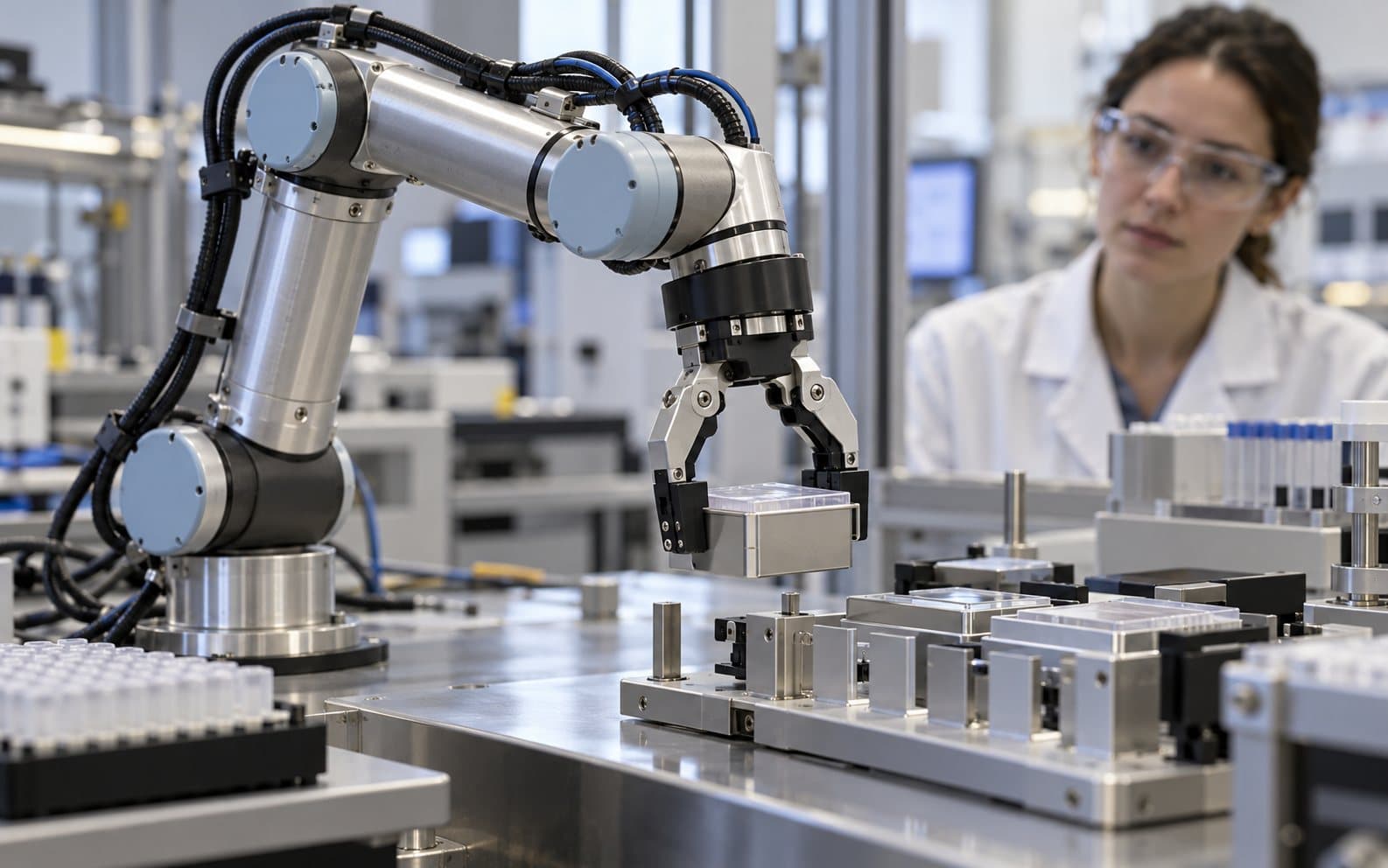 AI-generated editorial photograph of a laboratory robot arm gripping a closed sample holder while a person observes.