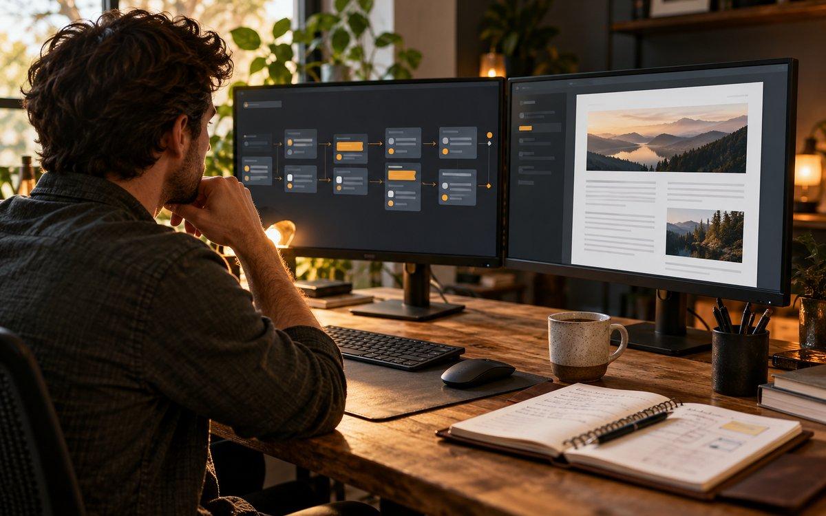 AI-generated editorial scene of a developer workspace with an abstract job queue on a monitor.