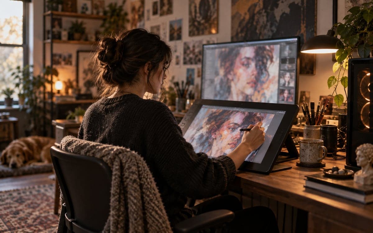 AI-generated editorial photograph of an artist using a pen display beside a monitor in a home studio.