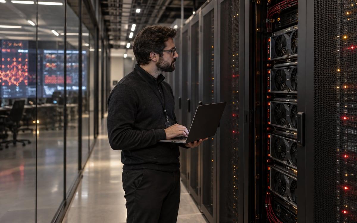 Generated editorial photograph: Platform engineer monitoring GPU servers in an enterprise data center.