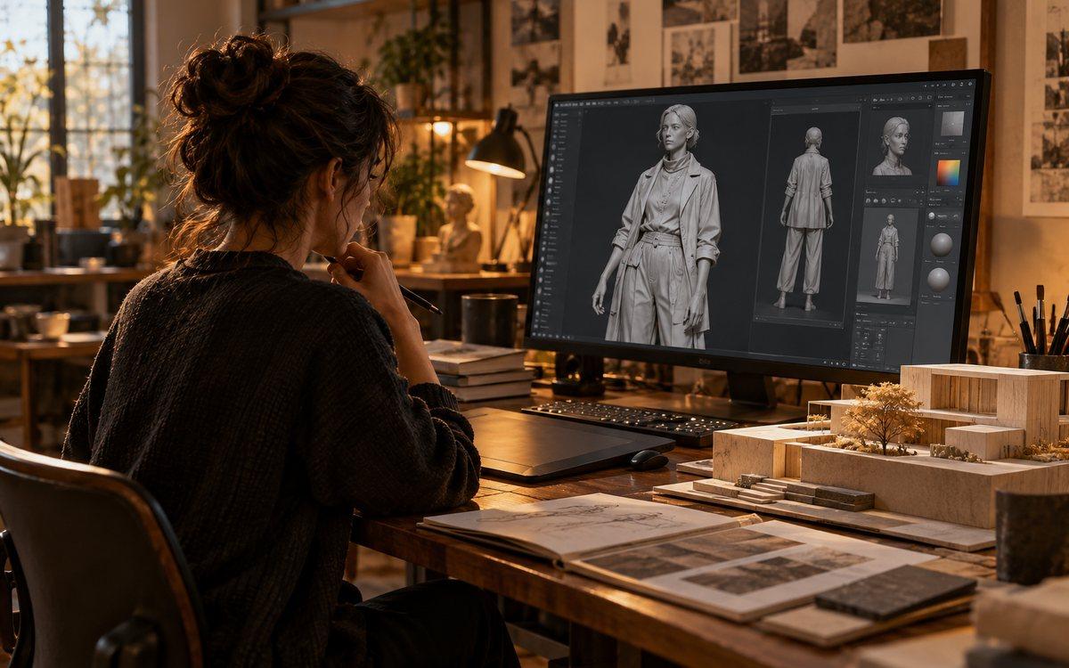 AI-generated editorial illustration of a 3D artist's desk with a digital mannequin and architectural model.