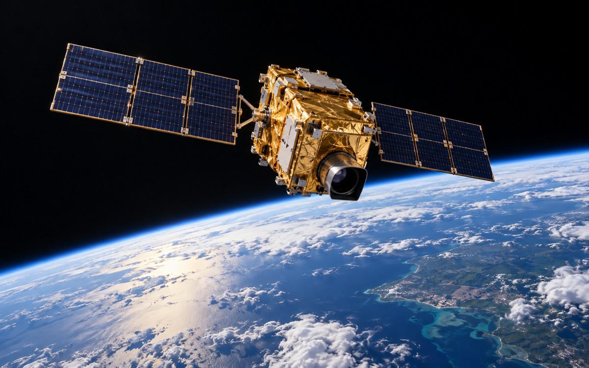 AI-generated illustration of a generic gold-insulated satellite with blue solar panels above Earth's curved horizon.
