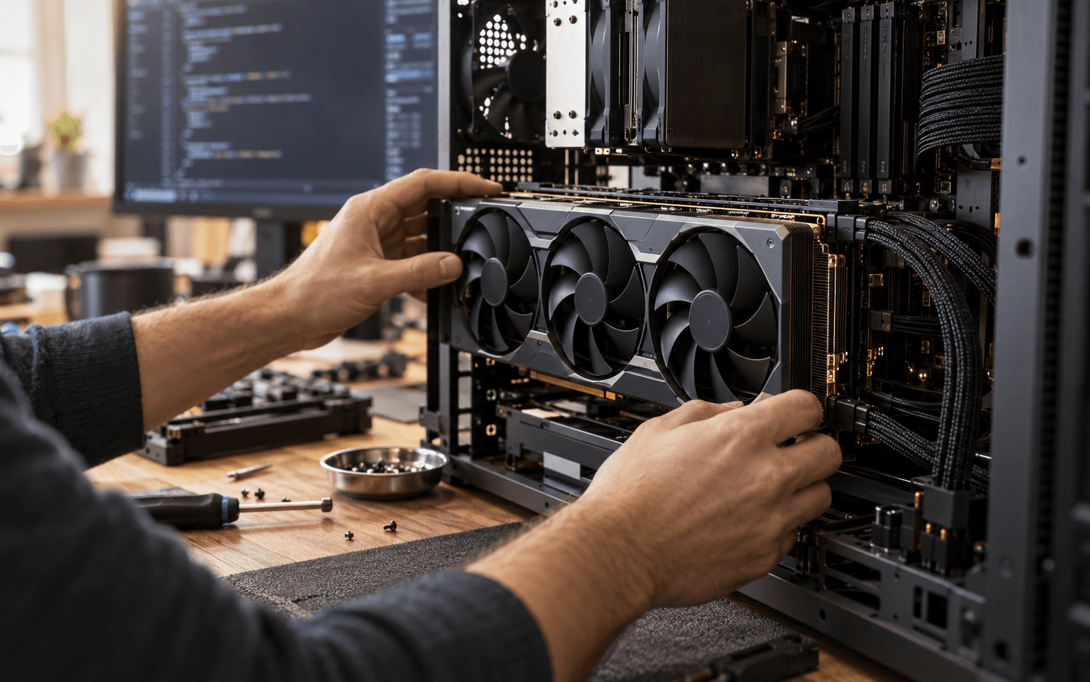 AI-generated editorial photograph of an engineer installing a large triple-fan graphics card in a workstation; illustrative, not a Reflection Beam product image.