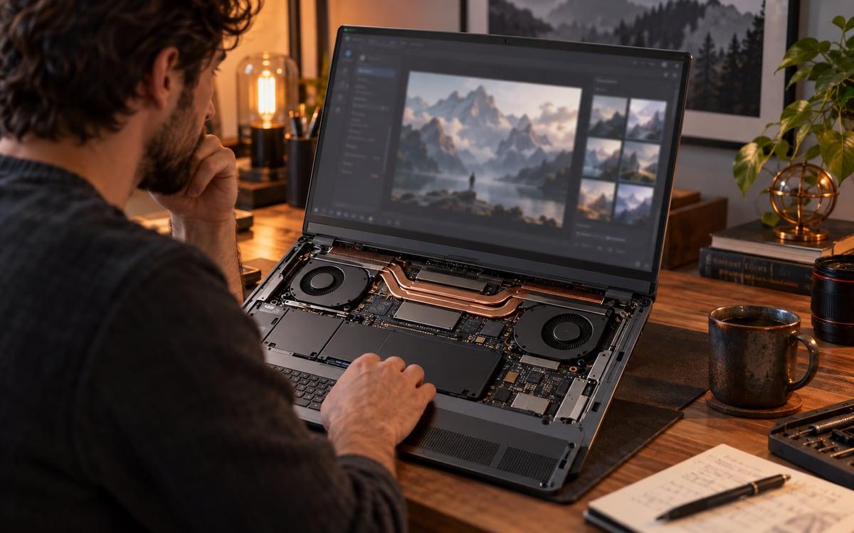Illustrative laptop computer with a discrete graphics processor; not an RTX Spark product photograph or benchmark setup.