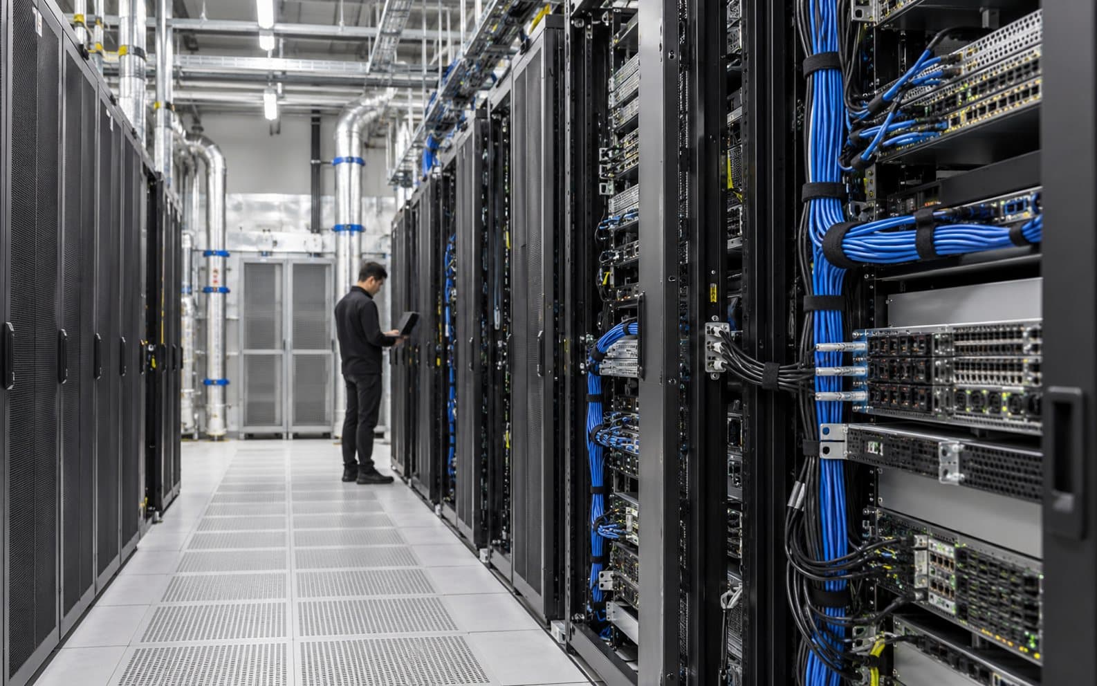 AI-generated editorial photograph of server cabinets and cooling pipes with a person inspecting equipment in a data-center aisle.