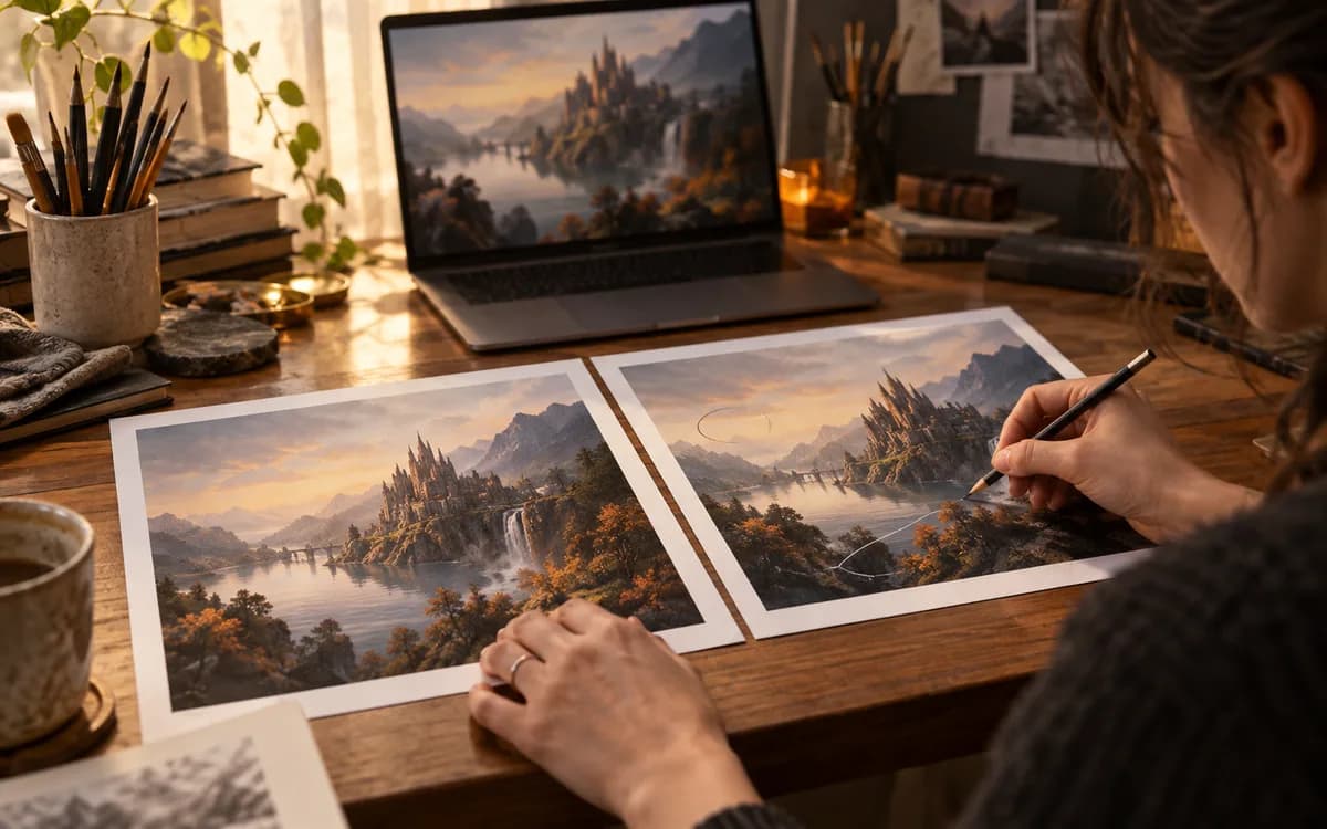 Generated editorial photograph: Artist comparing two printed fantasy landscape images at a desk.