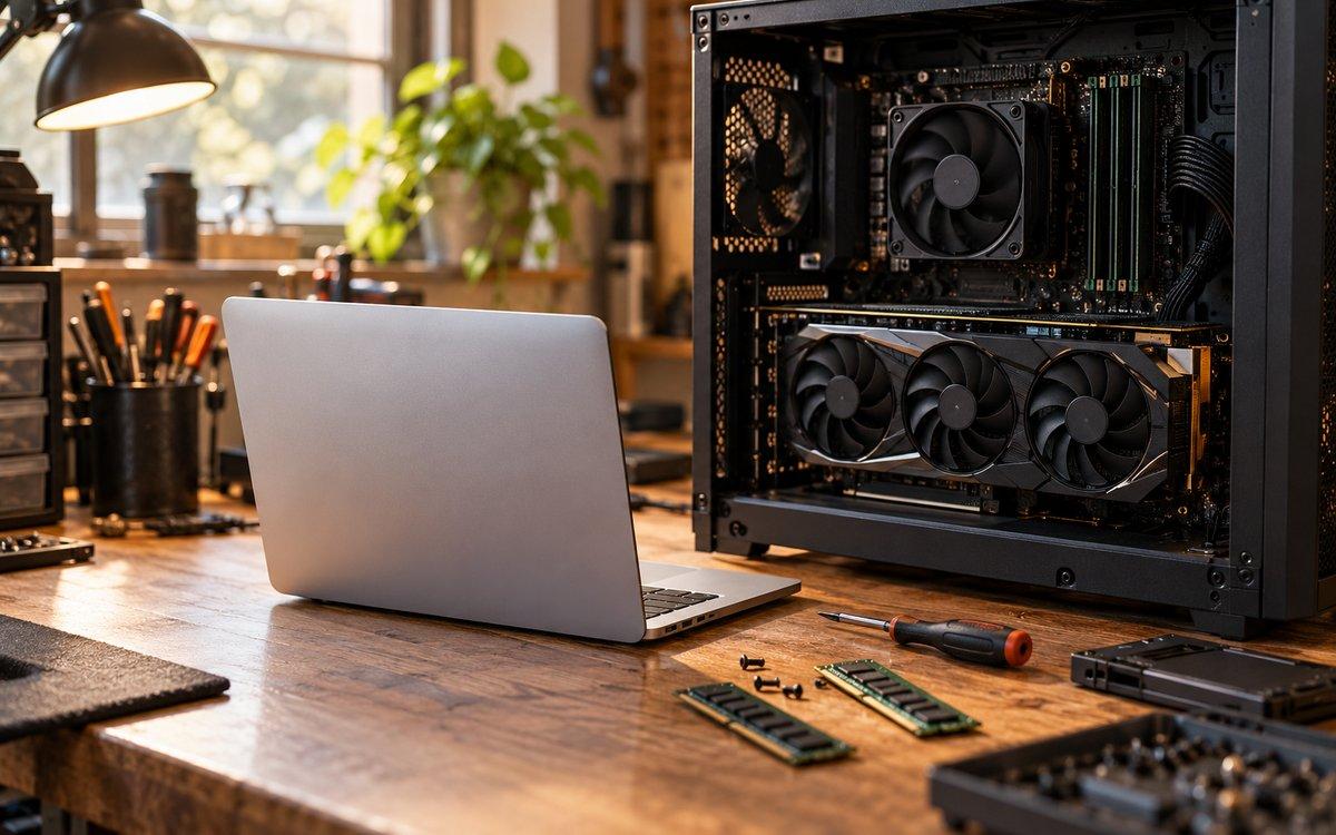 AI-generated editorial scene of a silver laptop beside an open desktop computer and memory modules.