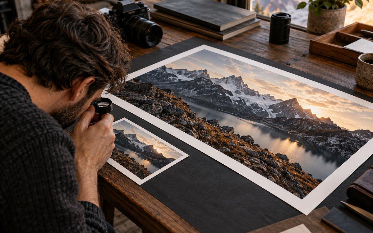 AI-generated editorial scene of small and large landscape prints with a magnifying loupe.