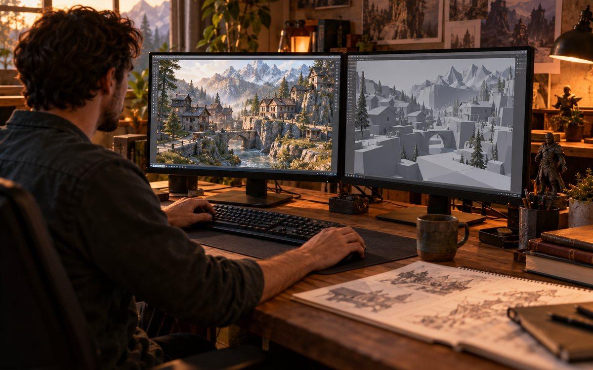 AI-generated editorial illustration of a game-design desk with a detailed world and simplified geometry on monitors.