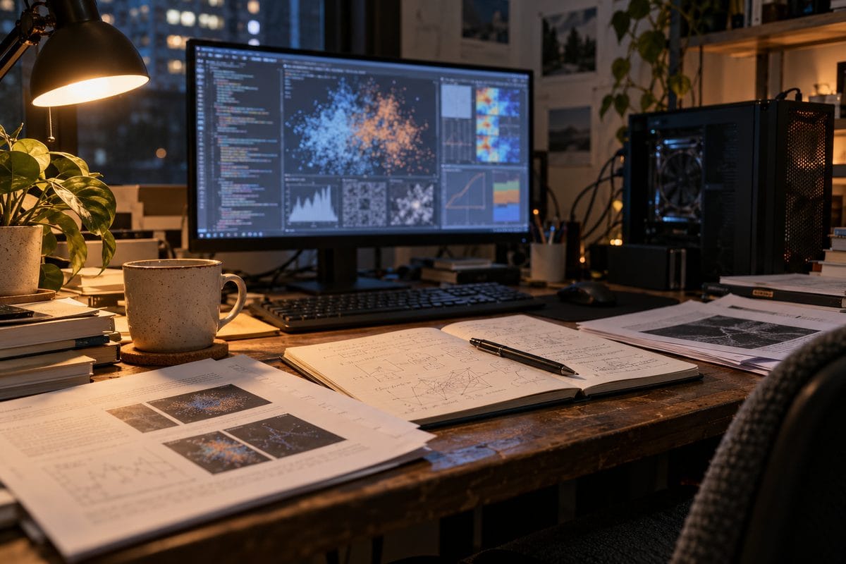 AI-generated editorial photograph of a researcher’s desk with code, model visualizations, notebooks and a workstation; illustrative scene, not a real launch or laboratory.