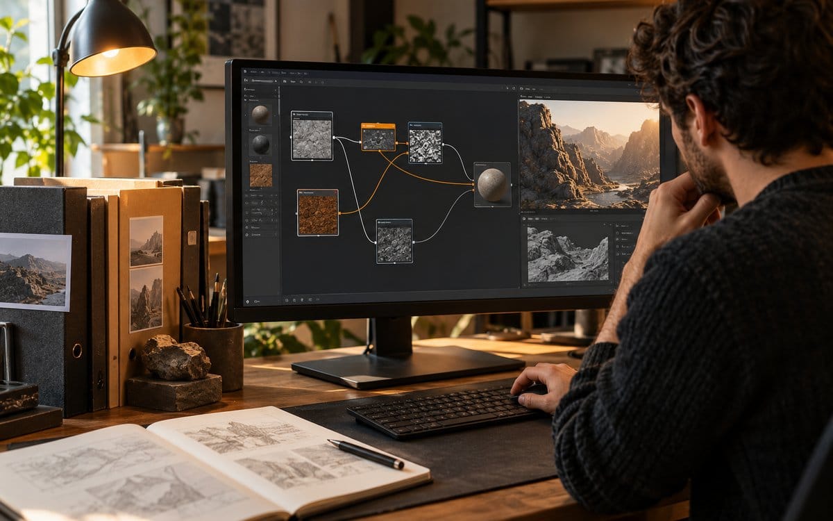AI-generated editorial scene of a developer reviewing an abstract node graph at a desk.