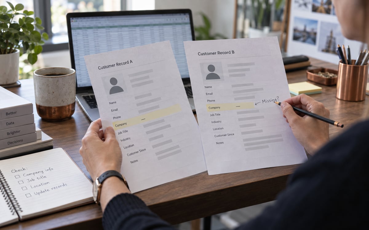 AI-generated editorial photograph of an analyst reviewing paper records at a desk.