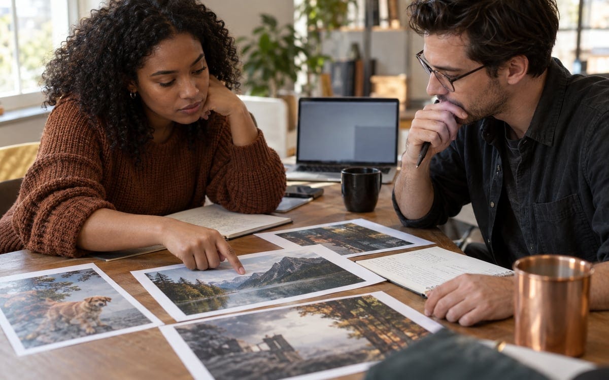 AI-generated editorial photograph of researchers reviewing notes at a generic AI evaluation workspace.