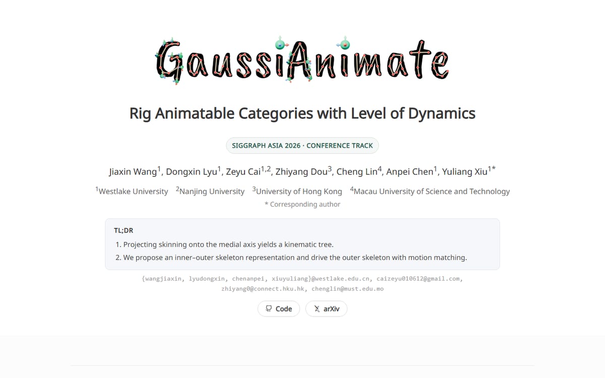 Screenshot of the GaussiAnimate project page showing the paper title, authors and summary