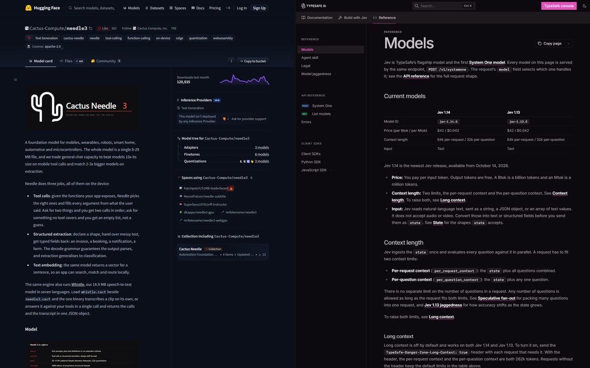 Screenshots of the Needle 3 model page on Hugging Face and the TypeSafe Jev models documentation