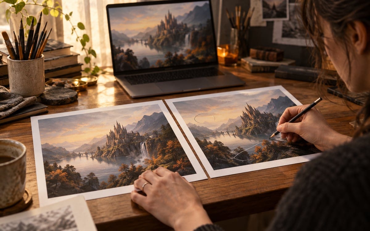 Generated editorial photograph: Artist comparing two printed fantasy landscape images at a desk.