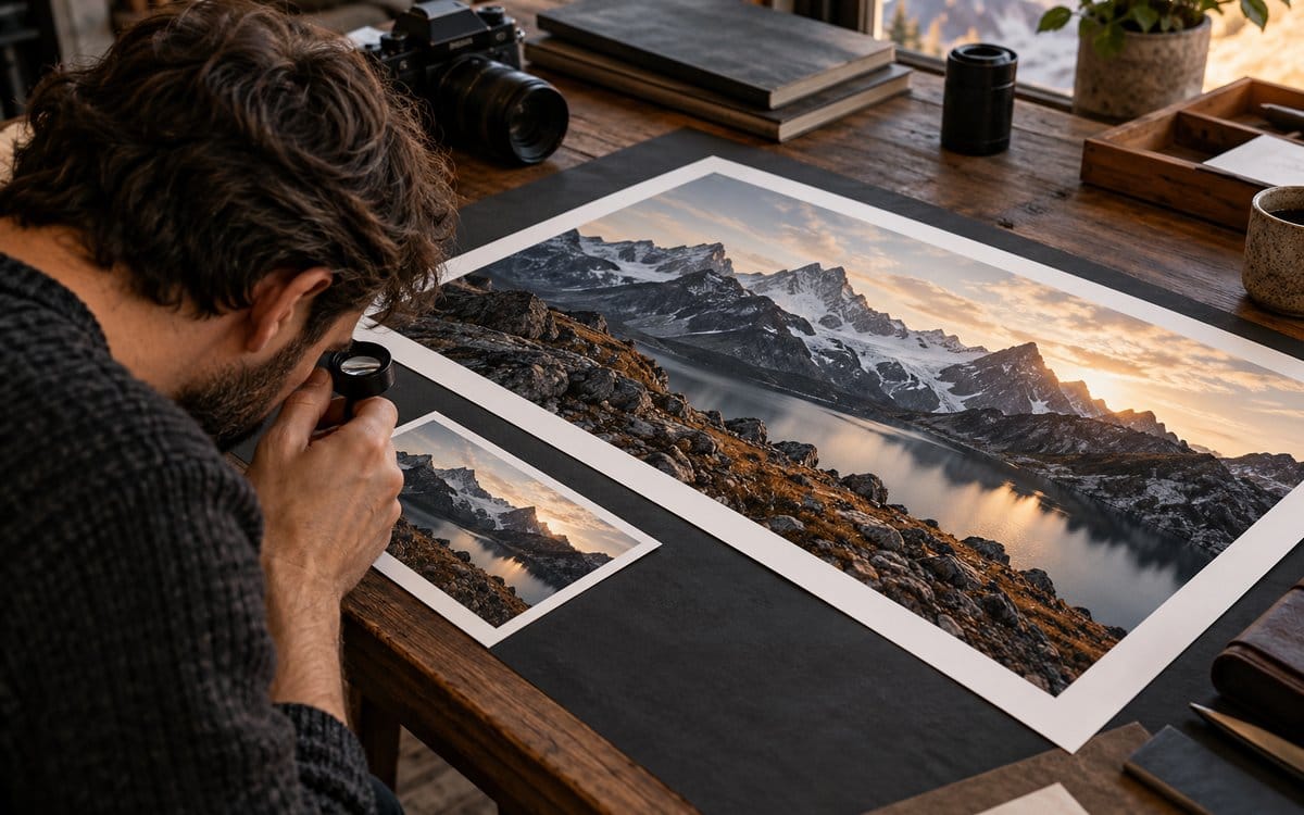 AI-generated editorial scene of small and large landscape prints with a magnifying loupe.