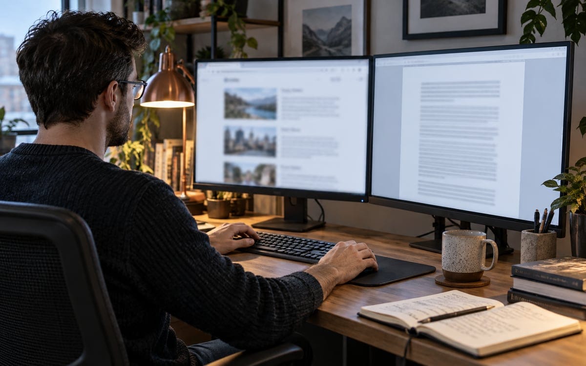 AI-generated editorial photograph of a person reviewing text on two desktop monitors.