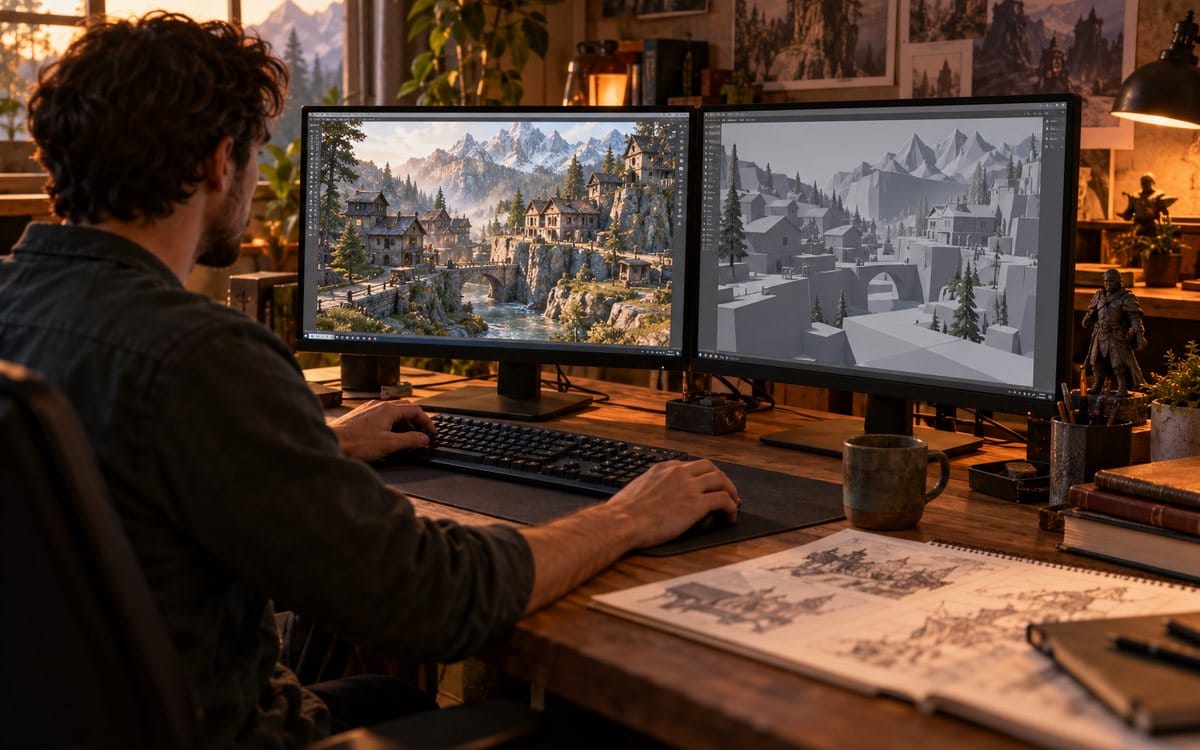 AI-generated editorial illustration of a game-design desk with a detailed world and simplified geometry on monitors.